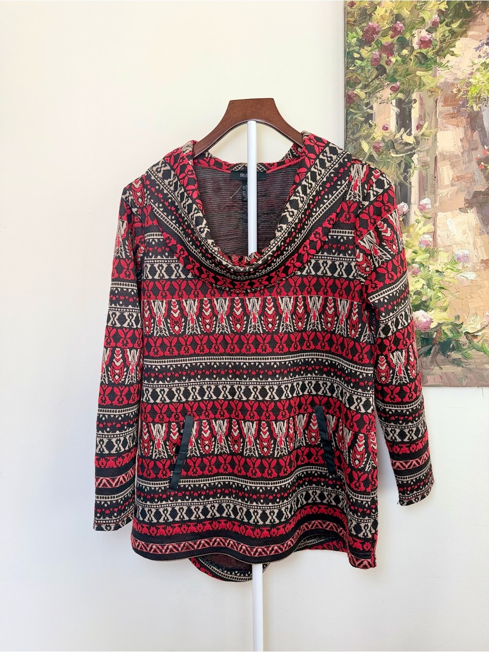 Style & Co. Western Aztec Jacquard Cowl Neck Sweater Red Black M